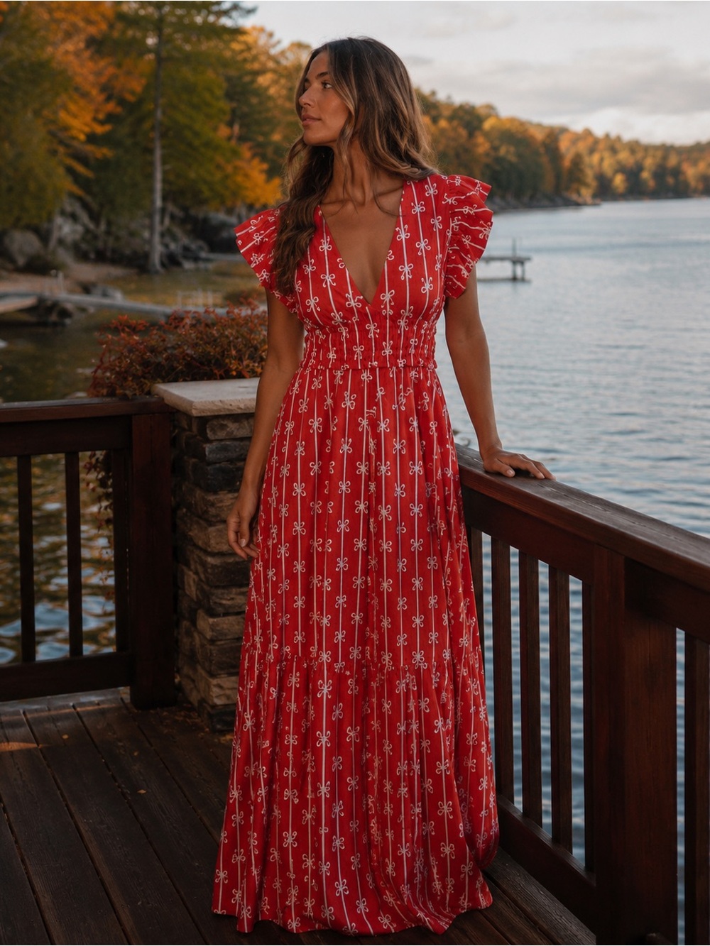 Sail to Sable Red Bow Print Ruffle Sleeve Maxi Dress XXS NWT